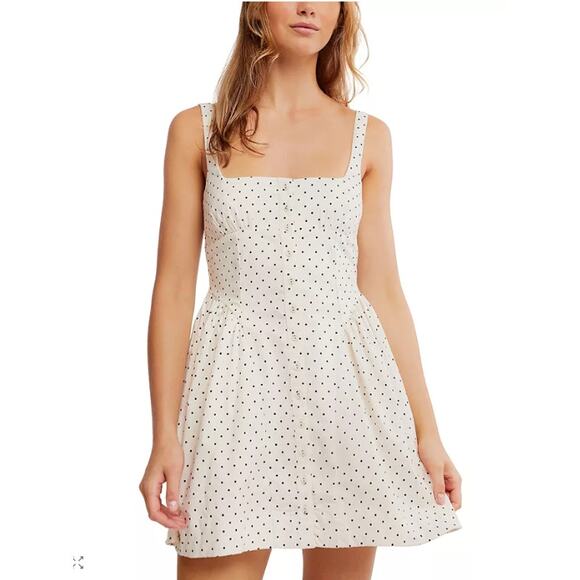 Free People Dress Women Medium Printed Astrid Mini White Polka Dot Babydoll Boho - Picture 2 of 13